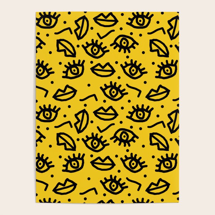 Face Time - retro throwback minimal pattern eyes faces 1980s 80s vintage memphis drawing monochrome Poster Gallery Image 4