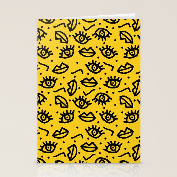 Face Time - retro throwback minimal pattern eyes faces 1980s 80s vintage memphis drawing monochrome Stationery Card Gallery Image 1