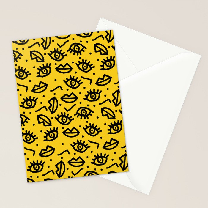 Face Time - retro throwback minimal pattern eyes faces 1980s 80s vintage memphis drawing monochrome Stationery Card Gallery Image 2