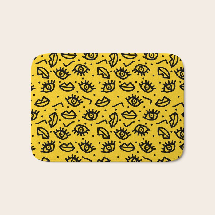Face Time - retro throwback minimal pattern eyes faces 1980s 80s vintage memphis drawing monochrome Bath Mat Gallery Image 1