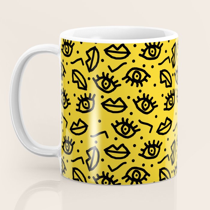 Face Time - retro throwback minimal pattern eyes faces 1980s 80s vintage memphis drawing monochrome Coffee Mug Gallery Image 3
