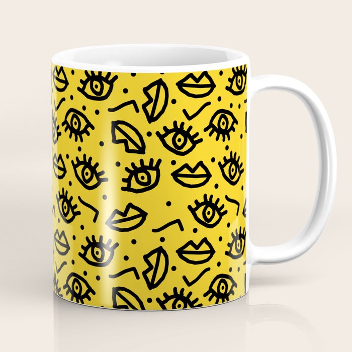 Face Time - retro throwback minimal pattern eyes faces 1980s 80s vintage memphis drawing monochrome Coffee Mug Gallery Image 1