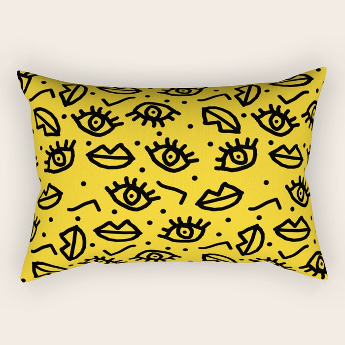Face Time - retro throwback minimal pattern eyes faces 1980s 80s vintage memphis drawing monochrome Rectangular Pillow Gallery Image 1