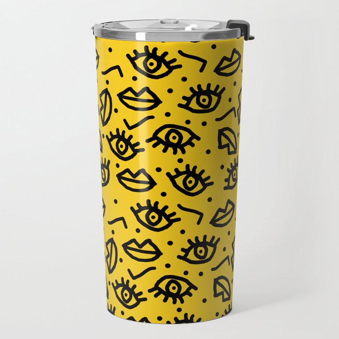 Face Time - retro throwback minimal pattern eyes faces 1980s 80s vintage memphis drawing monochrome Travel Mug Gallery Image 2