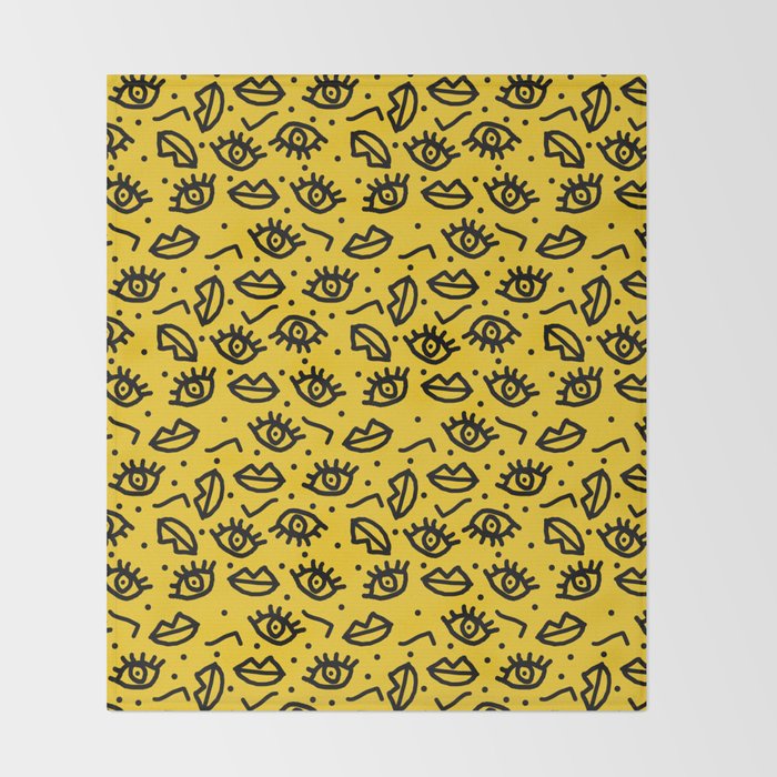 Face Time - retro throwback minimal pattern eyes faces 1980s 80s vintage memphis drawing monochrome Throw Blanket Gallery Image 2