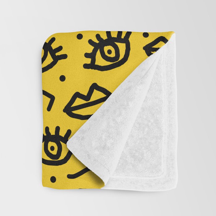 Face Time - retro throwback minimal pattern eyes faces 1980s 80s vintage memphis drawing monochrome Throw Blanket Gallery Image 3