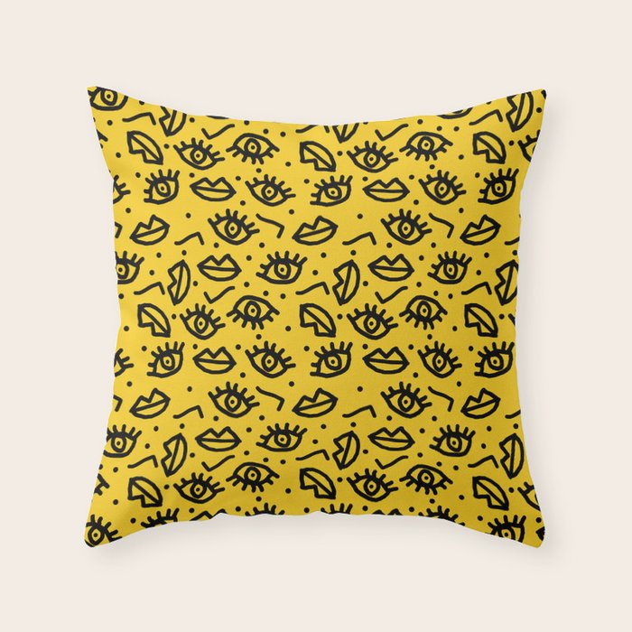 Face Time - retro throwback minimal pattern eyes faces 1980s 80s vintage memphis drawing monochrome Throw Pillow Gallery Image 6
