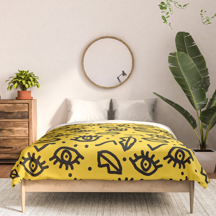 Face Time - retro throwback minimal pattern eyes faces 1980s 80s vintage memphis drawing monochrome Comforter Gallery Image 3