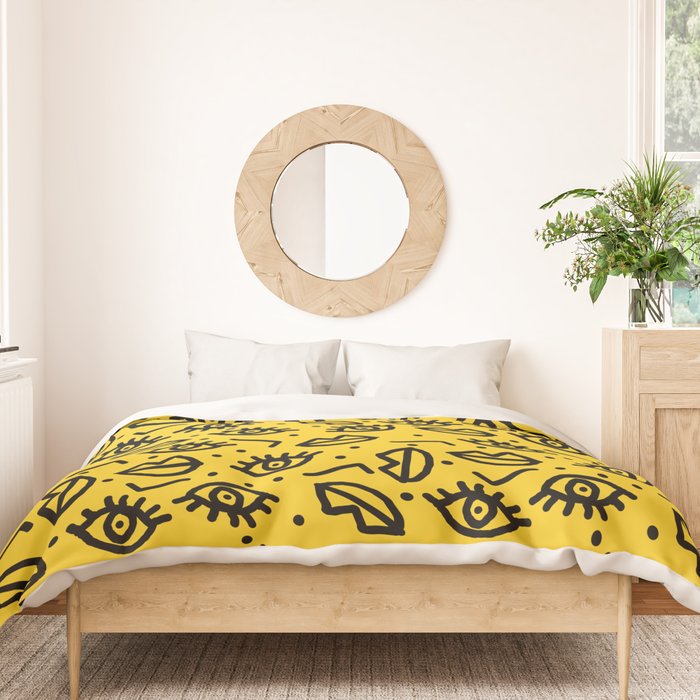 Face Time - retro throwback minimal pattern eyes faces 1980s 80s vintage memphis drawing monochrome Duvet Cover Gallery Image 3