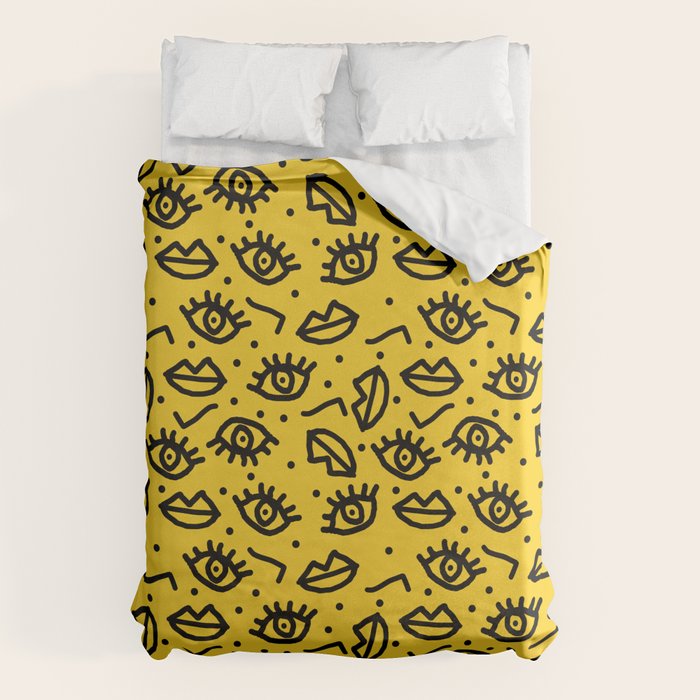 Face Time - retro throwback minimal pattern eyes faces 1980s 80s vintage memphis drawing monochrome Duvet Cover Gallery Image 1
