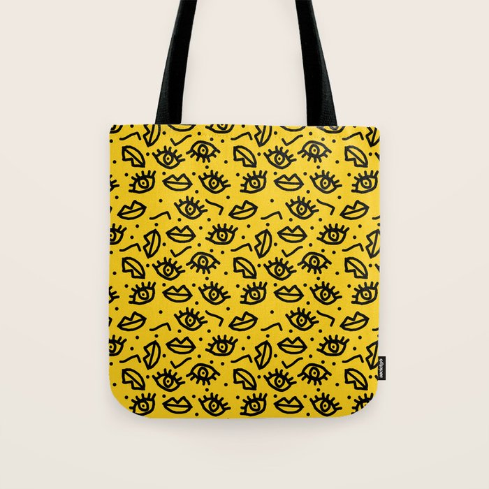 Face Time - retro throwback minimal pattern eyes faces 1980s 80s vintage memphis drawing monochrome Tote Bag Gallery Image 1