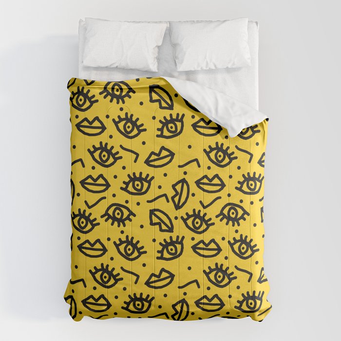 Face Time - retro throwback minimal pattern eyes faces 1980s 80s vintage memphis drawing monochrome Comforter Gallery Image 6