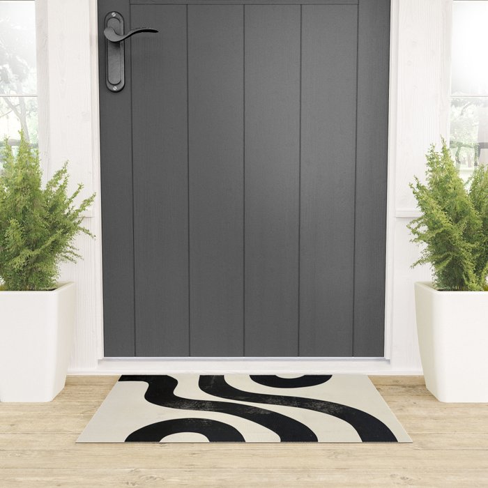 Abstract Minimalist Wavy Brushstrokes Black and White Print Welcome Mat Gallery Image 3