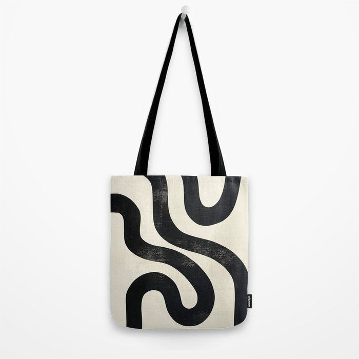 Abstract Minimalist Wavy Brushstrokes Black and White Print Tote Bag Gallery Image 2
