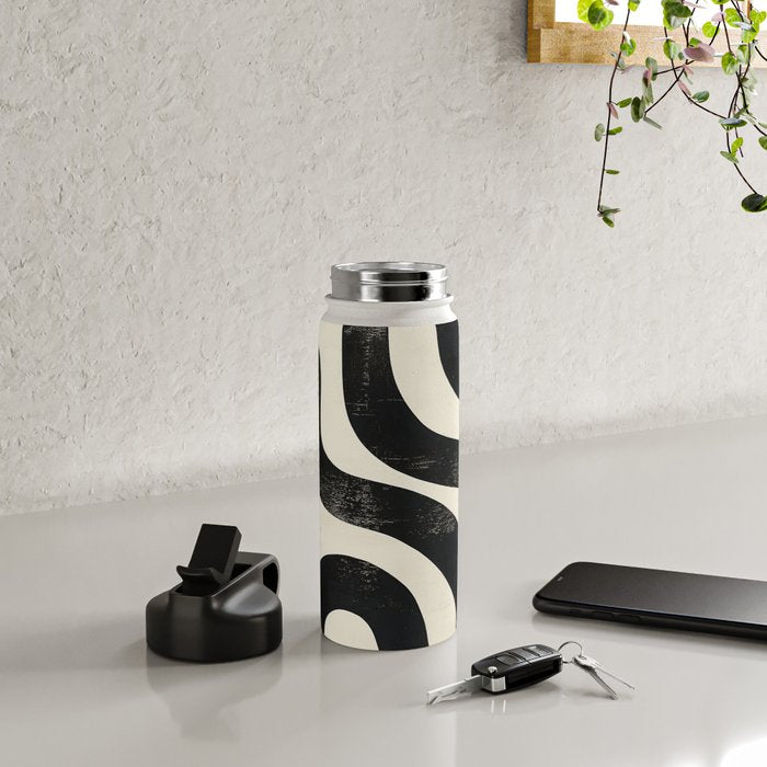 Abstract Minimalist Wavy Brushstrokes Black and White Print Water Bottle Gallery Image 4