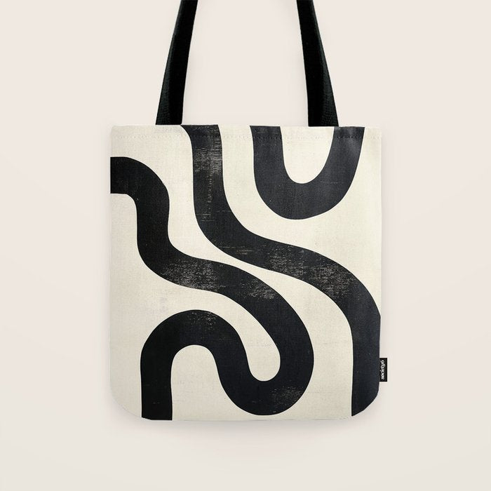 Abstract Minimalist Wavy Brushstrokes Black and White Print Tote Bag Gallery Image 1