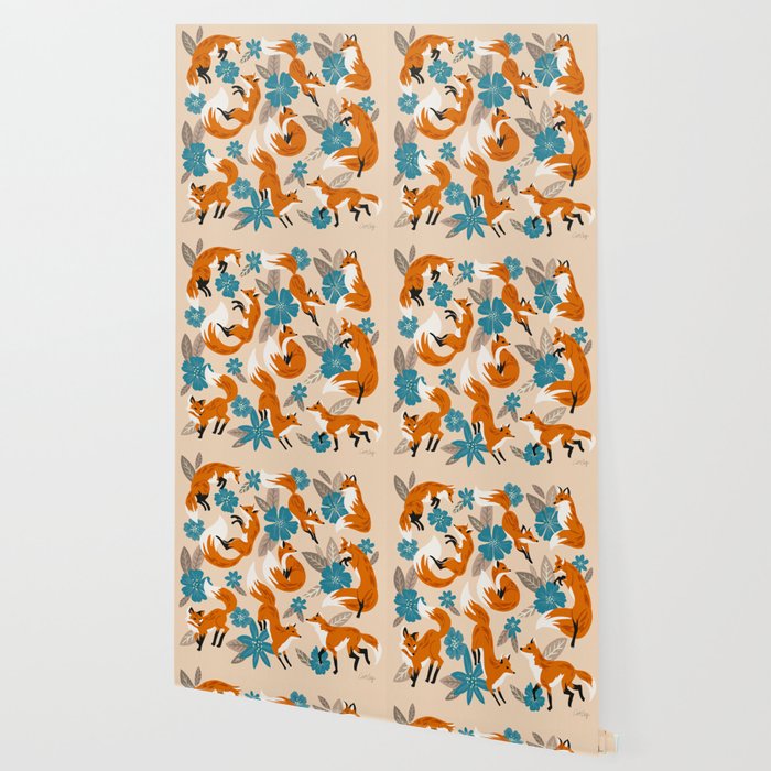 Foxes & Blooms - Tan & Blue Wallpaper Gallery Image 2