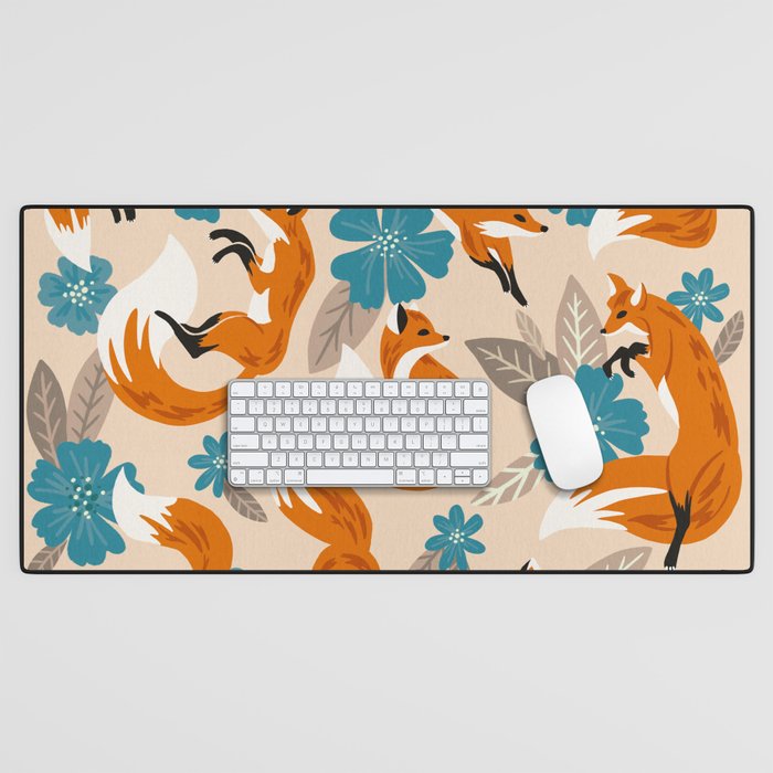 Foxes & Blooms - Tan & Blue Desk Mat Gallery Image 1