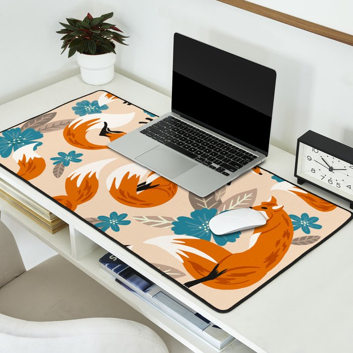 Foxes & Blooms - Tan & Blue Desk Mat Gallery Image 2
