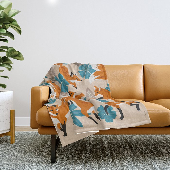 Foxes & Blooms - Tan & Blue Throw Blanket Gallery Image 1