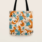 Foxes & Blooms - Tan & Blue Tote Bag Gallery Image 1