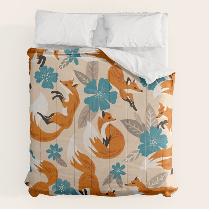 Foxes & Blooms - Tan & Blue Comforter Gallery Image 2