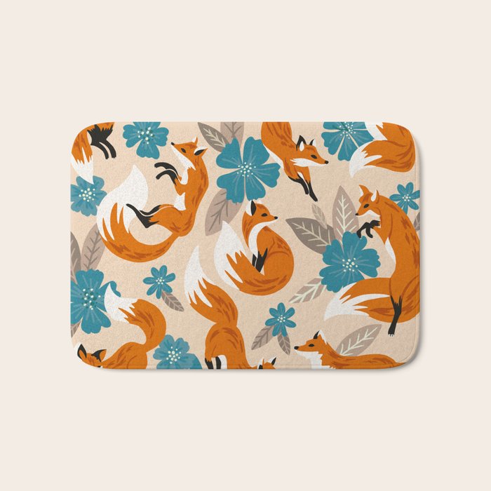 Foxes & Blooms - Tan & Blue Bath Mat Gallery Image 1
