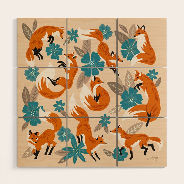Foxes & Blooms - Tan & Blue Wood Wall Art Gallery Image 1