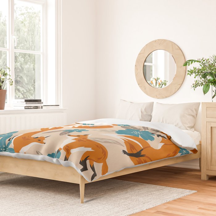 Foxes & Blooms - Tan & Blue Duvet Cover Gallery Image 2