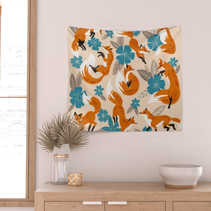Foxes & Blooms - Tan & Blue Wall Tapestry Gallery Image 2