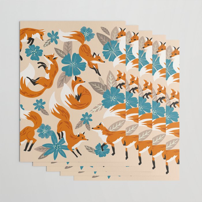 Foxes & Blooms - Tan & Blue Wrapping Paper Gallery Image 3