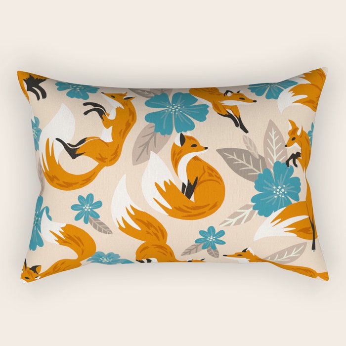 Foxes & Blooms - Tan & Blue Rectangular Pillow Gallery Image 2