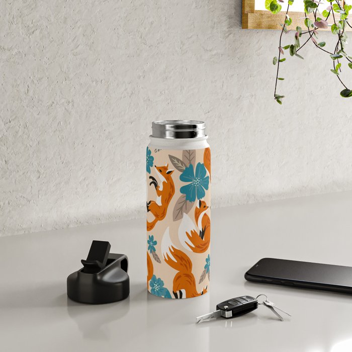 Foxes & Blooms - Tan & Blue Water Bottle Gallery Image 5