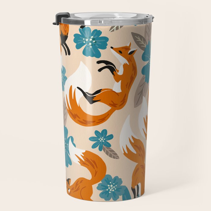 Foxes & Blooms - Tan & Blue Travel Mug Gallery Image 3