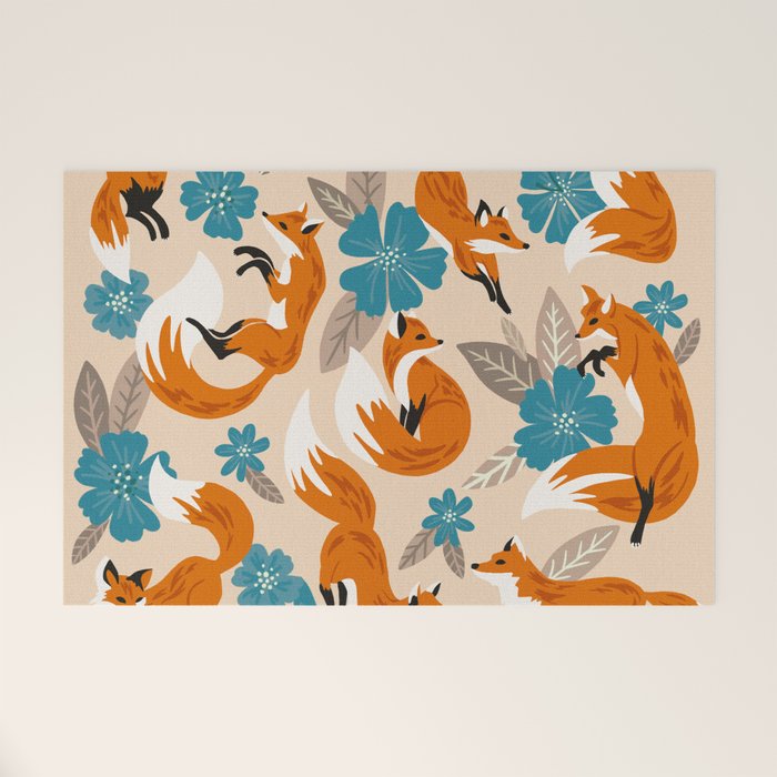 Foxes & Blooms - Tan & Blue Welcome Mat Gallery Image 1