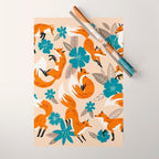 Foxes & Blooms - Tan & Blue Wrapping Paper Gallery Image 1