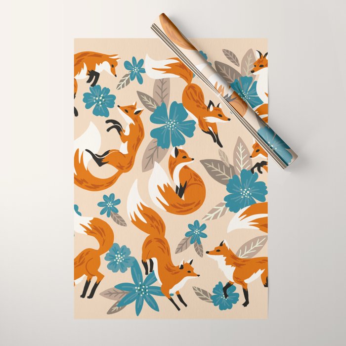 Foxes & Blooms - Tan & Blue Wrapping Paper Gallery Image 1