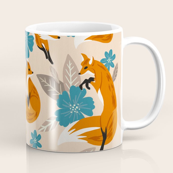 Foxes & Blooms - Tan & Blue Coffee Mug Gallery Image 1