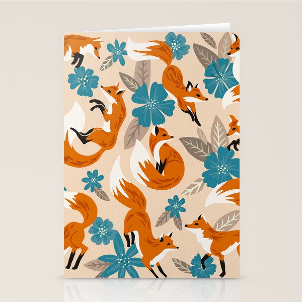 Foxes & Blooms - Tan & Blue Stationery Card Gallery Image 1