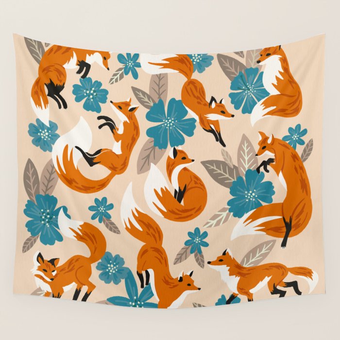 Foxes & Blooms - Tan & Blue Wall Tapestry Gallery Image 4