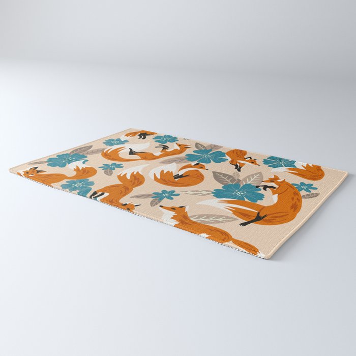 Foxes & Blooms - Tan & Blue Rug Gallery Image 3
