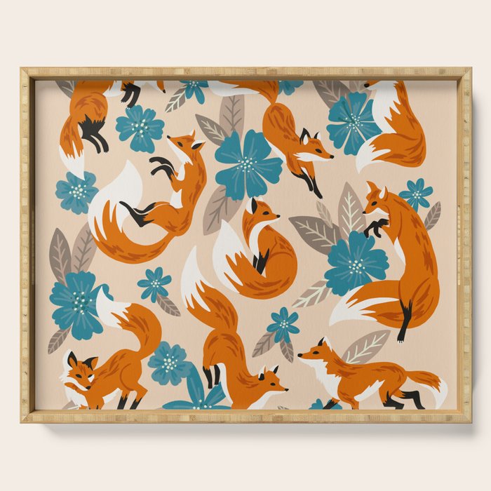 Foxes & Blooms - Tan & Blue Serving Tray Gallery Image 1