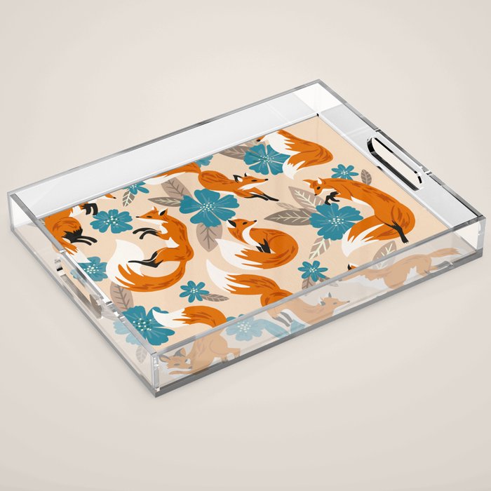 Foxes & Blooms - Tan & Blue Acrylic Tray Gallery Image 1