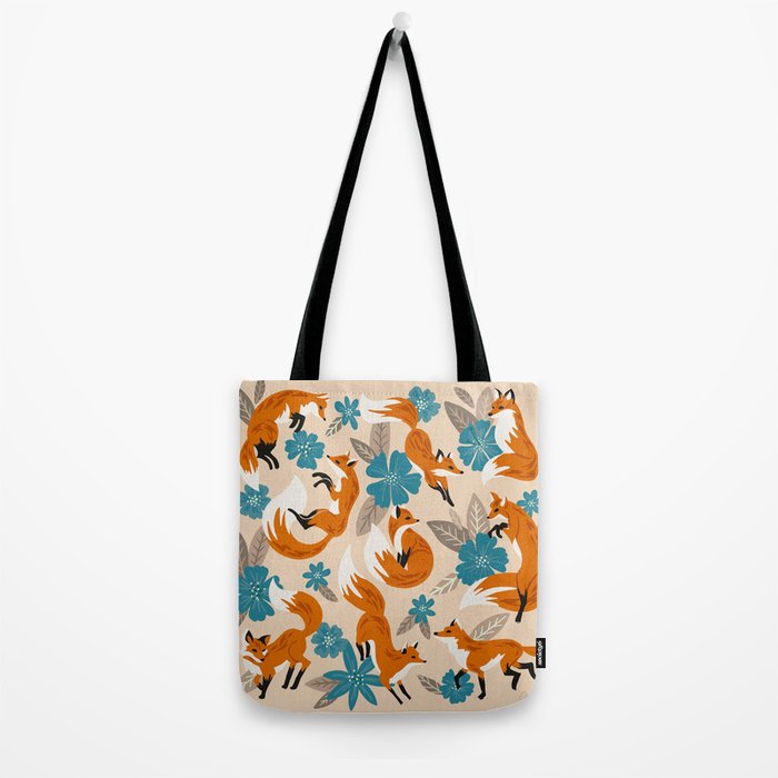 Foxes & Blooms - Tan & Blue Tote Bag Gallery Image 2