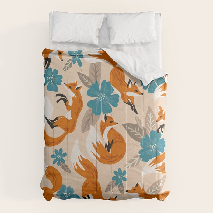 Foxes & Blooms - Tan & Blue Comforter Gallery Image 1