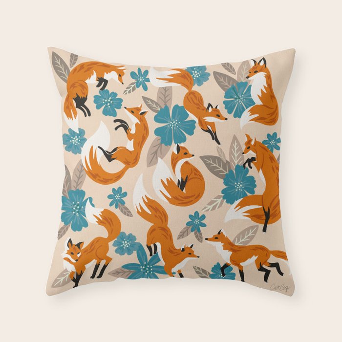 Foxes & Blooms - Tan & Blue Throw Pillow Gallery Image 6