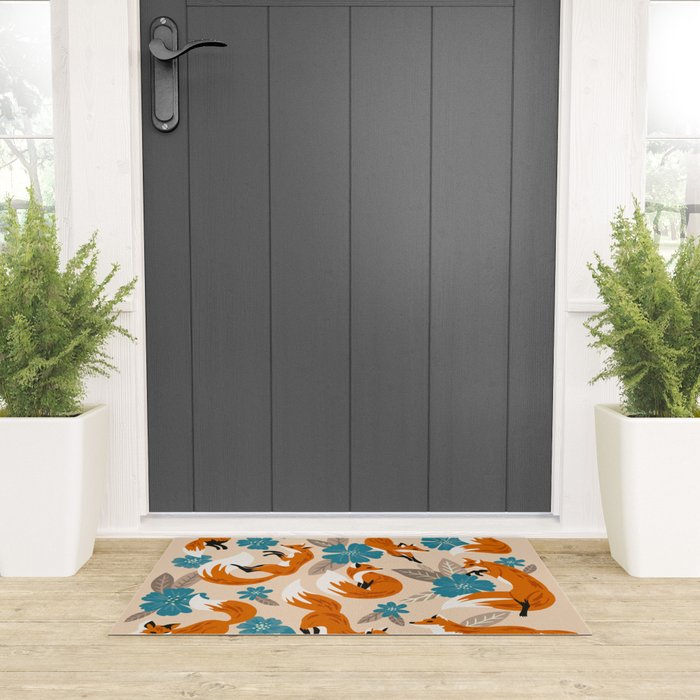 Foxes & Blooms - Tan & Blue Welcome Mat Gallery Image 3