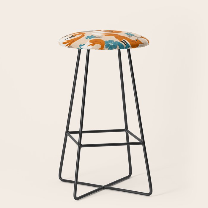 Foxes & Blooms - Tan & Blue Stool Gallery Image 1