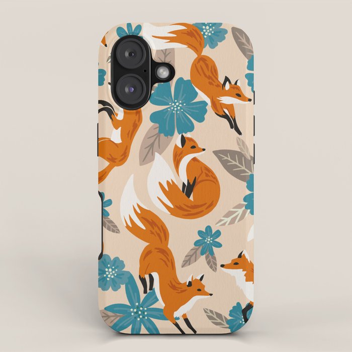Foxes & Blooms - Tan & Blue iPhone Case Gallery Image 1