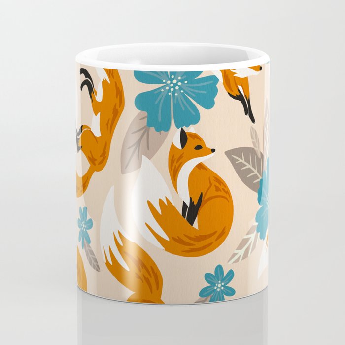 Foxes & Blooms - Tan & Blue Coffee Mug Gallery Image 4